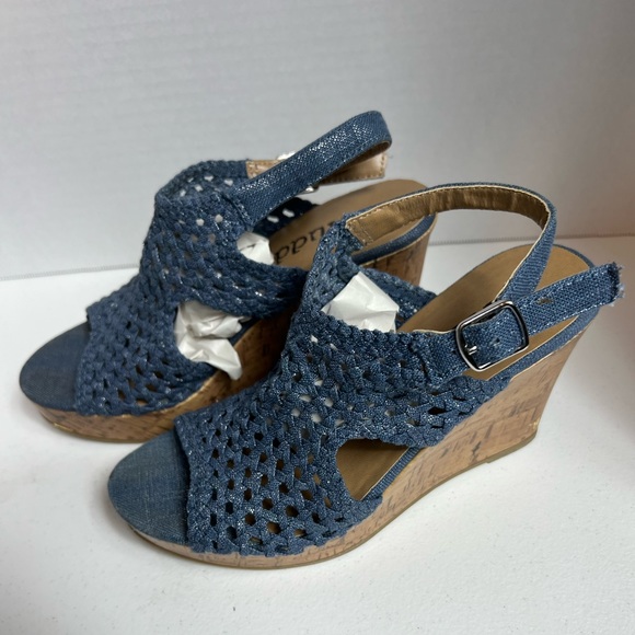 MUDD blue demon Woven Peep Toe Platform Cork Wedge Sandals, size 8 1/2 - Picture 2 of 9